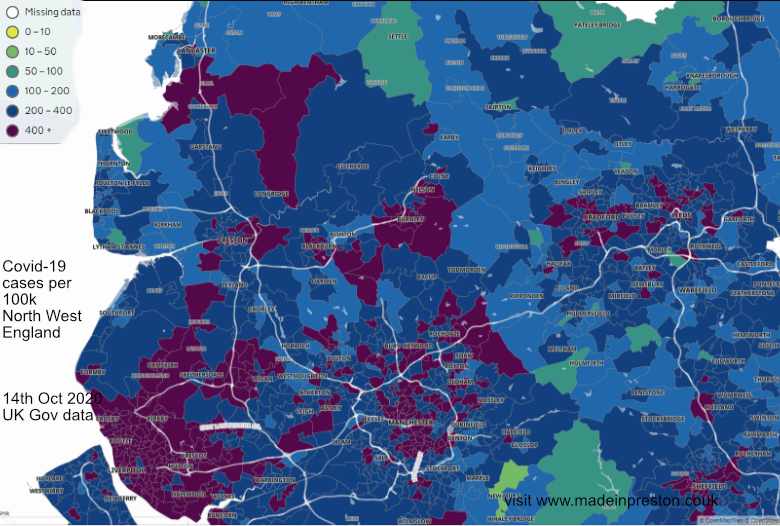 Covid-19 cases in North West England 14th October 2020