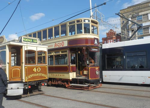 Three Blackpool Trams, 2 Heritage Trams and one new Flexity tram Easter 2013