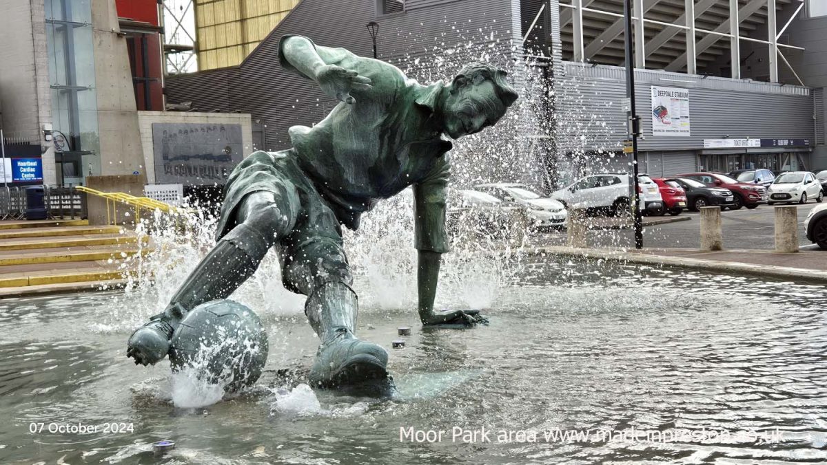 Sir Tom Finney, Splash! At Preston North End's ground Deepdale a commemoration of Preston's legendary footballer modelled on a photograph taken at Stamford Bridge. 