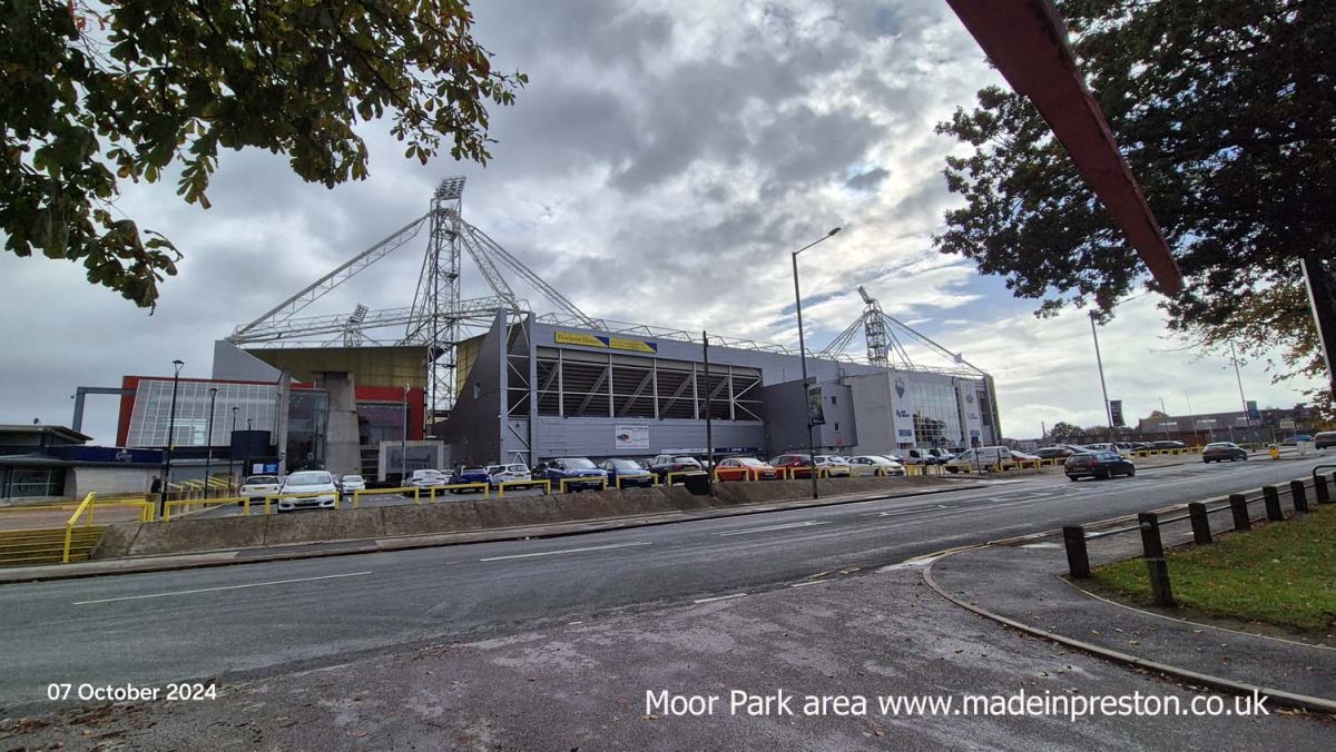 Preston North End's ground Deepdale viewed from Moor Park across Deepdale Road.